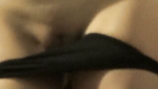 Petite Blonde Masturbates in Black Thong on White Railing
