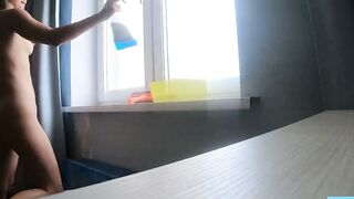 Naked Blonde Washes Windows in Public