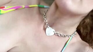 Teen Girl in Colorful Bikini on Bed with Boyfriend