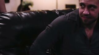 Angry Wife Sucks Cock on Leather Couch While Husband Watches