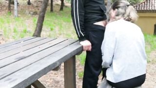Blonde Babe Sucks Cock at Campsite Picnic Table