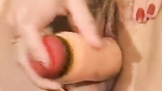 Blonde MILF Interviews Brunette Amateur on Red Couch with Dildo