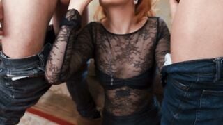 Two dudes catch redhead Mia Stone solo and destroy her in hardcore spit roast