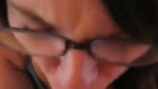 German Amateur Girl with Glasses Deepthroats Cock POV