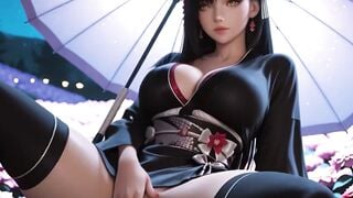 NeuroGF AI Animation: Black-Haired Girl in Black Outfit with Red Flower Hairpiece