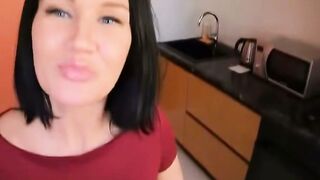 Brunette in Black Lingerie Changes into Tight Red Dress