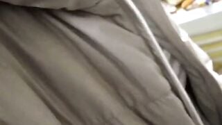 Amateur Girl Groping Breasts in Sheer Striped Blouse at Public Market