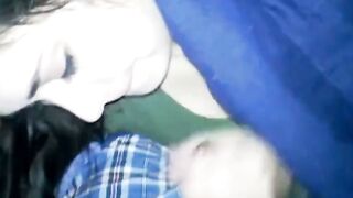 Brunette Amateur Sucks Small Cock on Blue Bed