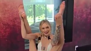 Tattooed Blonde Deepthroats Cock on White Couch with Plaid Skirt