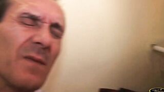 Dark Haired sluts gets fuck and creampied on her bushy cunt by a old man