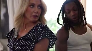 Blonde MILF in Polka Dot Dress Sucks Big Black Bull's Cock in Bedroom