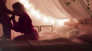 Blonde MILF in Red Sweater Deepthroats Hard Cock on Bed