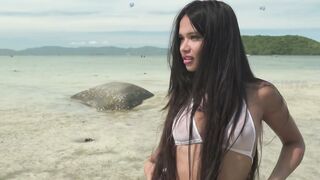 Tanned Asian Babe Adrianna Nude Beach Walk in Wet White Bikini