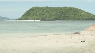 Tanned Asian Babe Adrianna Nude Beach Walk in Wet White Bikini