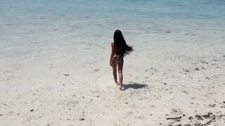 Tanned Asian Babe Adrianna Nude Beach Walk in Wet White Bikini