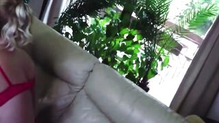Tattooed Blonde in Red Lingerie Teases on Couch for Cheating Wife Affair