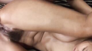 Oiled Asian Babe Jam Deepthroats Big White Cock on Zebra Couch