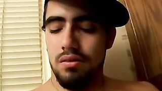 Glasses Jock Strokes Cock and Blows Sticky Load in Solo Masturbation