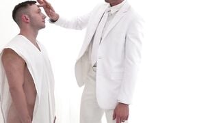 Hairy Brunette Assfuck in White Suit Uniform with Big Dick