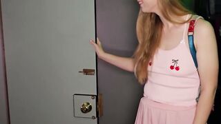 Blonde Girl in Pink Cherry Top Opens Door for Big Dick Handjob