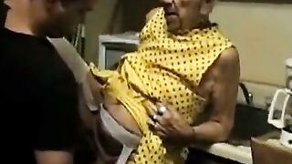 Granny in Yellow Polka Dot Dress Gets Doggy Fucked by Young Stud