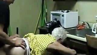 Granny in Yellow Polka Dot Dress Gets Doggy Fucked by Young Stud