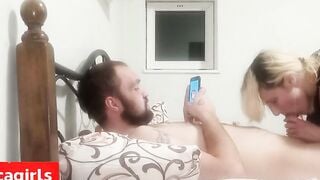 Blonde Babe Deepthroats Big Cock While Guy Checks Phone