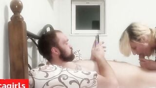 Blonde Babe Deepthroats Big Cock While Guy Checks Phone