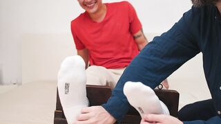 Tattooed Asian Hunk Arley Tickled in Stocks by Daddy Matteo