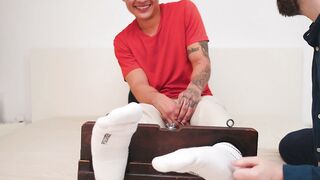 Tattooed Asian Hunk Arley Tickled in Stocks by Daddy Matteo