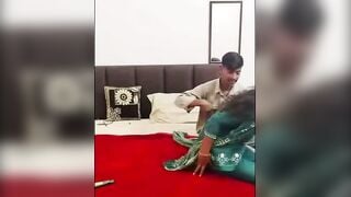 Indian Wife in Green Saree Blows and Fucks Husband on Red Bed