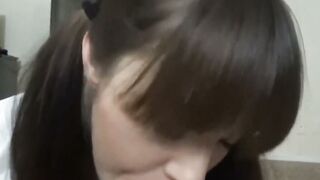 Brunette Schoolgirl Deepthroats Cock in Tight Pigtails Blowjob