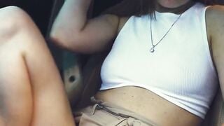 Blonde Babe Masturbates in Car with Small Tits and Blue Nails