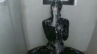 Shiny Black Latex Suit Deepthroat with Gag and Heavy Chains
