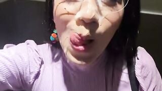 Glasses Girl Gets Messy Cum Facial Outdoors After Walking