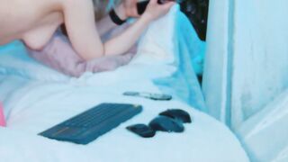 Blonde Babe Deepthroats Cock on Blue Bed with Pink Makeup