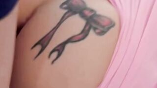 MILF in Pink Bodysuit Strokes Cock at Desk While Boss Watches