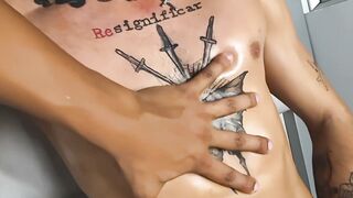 Tattooed Latino Boy Gets Passionate Handjob in Wet Shower