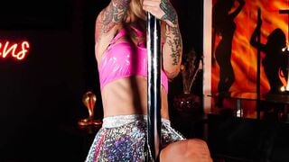 Tattooed Blonde Strips for Hardcore Cock Sucking and Riding on Pole Vixens