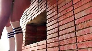 Amateur Girl in Striped Socks Takes Huge Cock on Brick Wall