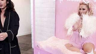 Blonde MILF in Pink Lingerie & Fur Stole Gets Double Penetration in Glass Box