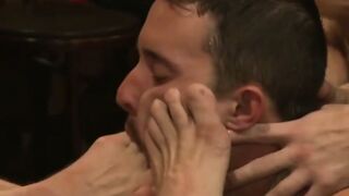 Bound Go-Go Boy Isaac Hardy Gets Gangbanged in Public Stockade
