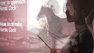 Blonde Ponytail Glasses Sucks Huge Horse Cock in Stable