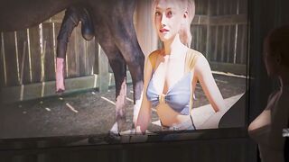 Blonde Ponytail Glasses Sucks Huge Horse Cock in Stable