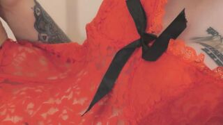 Tattooed Brunette in Red Lingerie and Fishnets Gets Passionate