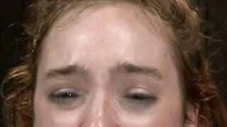 Oiled Blonde Slave Gets Nipple Clamps and Ball Gag Stretched by Redhead Mistress