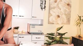 Tattooed Blonde MILF Sucks Cock in Black Swimsuit Kitchen Surprise