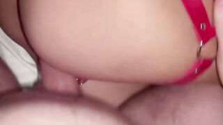 Blonde in Red Harness Deepthroats Cock Bent Over Bed