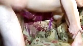 Amateur Brunette Stepmom Hard Fucking Neighbor on Floral Couch