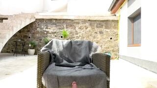 Blonde Solo Tease: Pink Dildo Play in Tight Thong on Outdoor Patio